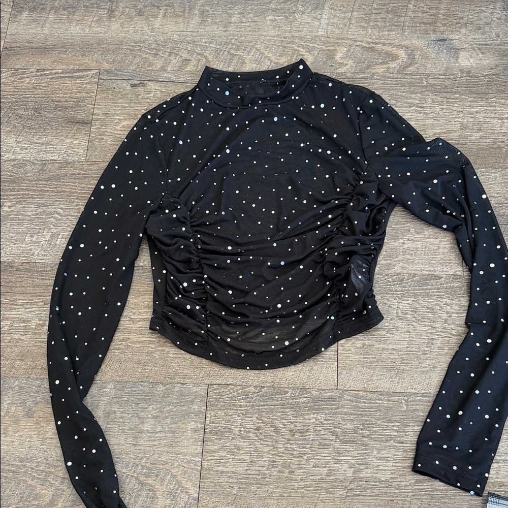 Sheer sparkly Black Ruched Long Sleeve Top